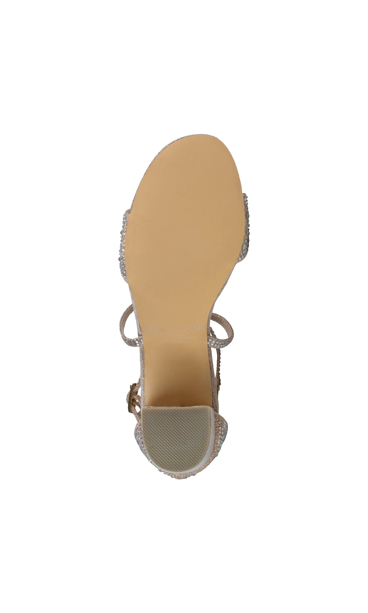 Bottom view of Ines Champagne Prom Shoes: Paradox London P2212 with a 2-inch block heel, smooth sole, textured grip by the heel, and visible ankle strap.
